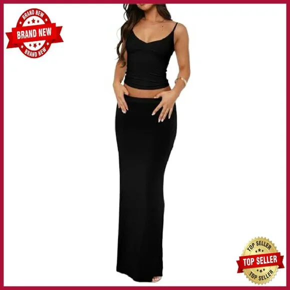 Sleeveless Pleated Tank Top Maxi Skirt Set - Stretchy Soft Material - Picture 2 of 5